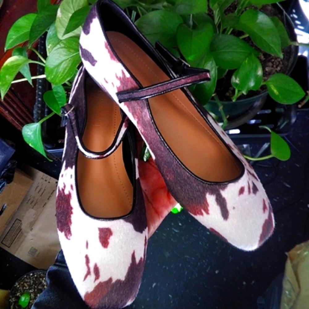 Ballet Mary Jane Flats in Brown & White Cowhide Print